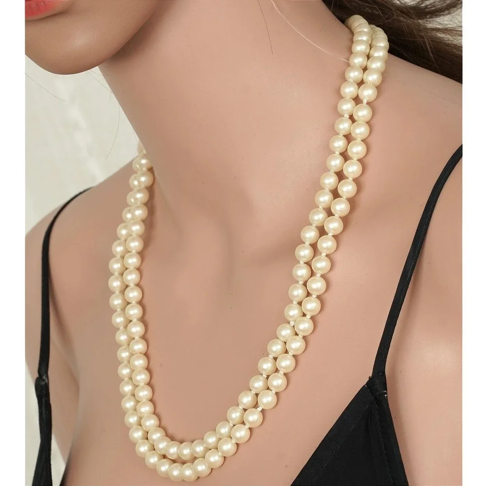 Vintage Double Strand Faux Pearl Necklace‎ Ivory Cream Silver Tone Box Clasp
